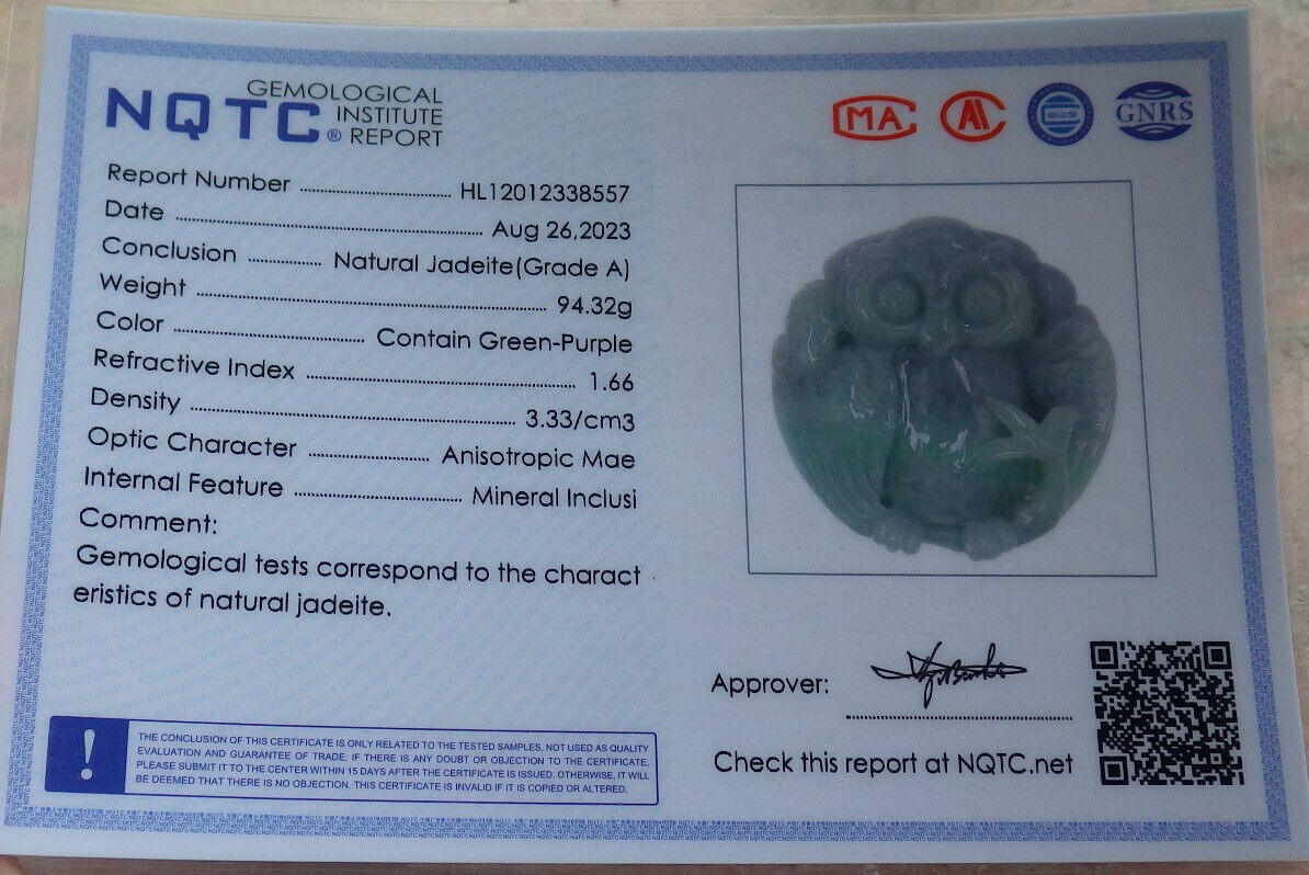 Certified Green Burma 100% Natural A Jade jadeite Pendant Owl Ruyi Necklace 猫头鹰 633445 TN