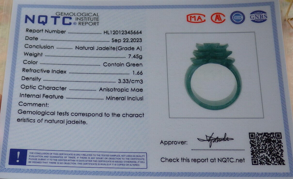 Certified Icy Green Burma 100% Natural A JADE Jadeite Rose Flower RING USA. 8.5 花戒指 634025 TN