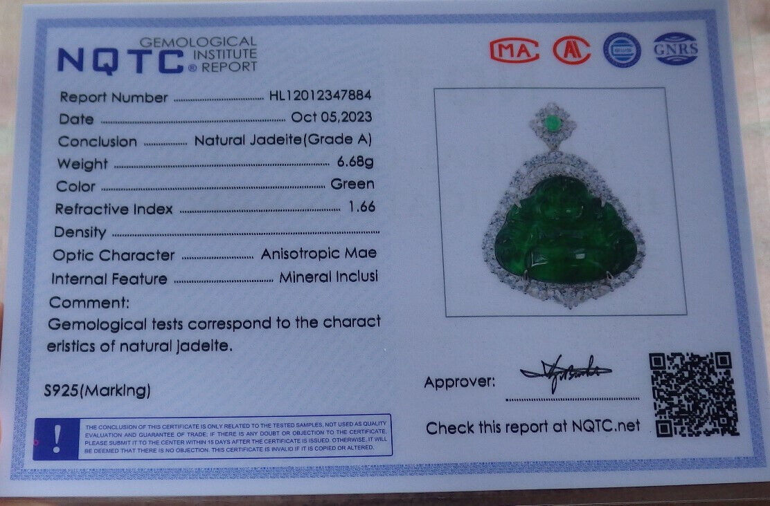 Icy Green Silver 925 Certified Burma 100% Natural A JADE Jadeite pendant Happy Buddha God Necklace 佛公 635249 TN