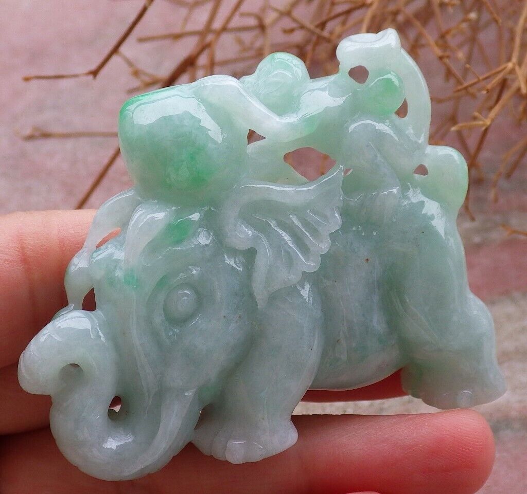 Certified Green 100% Natural A Jade jadeite Display Elephant Money Peach 大象 520344 TN** Include woodstand **