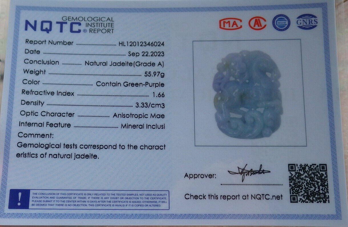 Certified Green Lavender Burma 100% Natural A Jade jadeite Pendant Horse Ruyi Necklace 马到功成 634117 TN