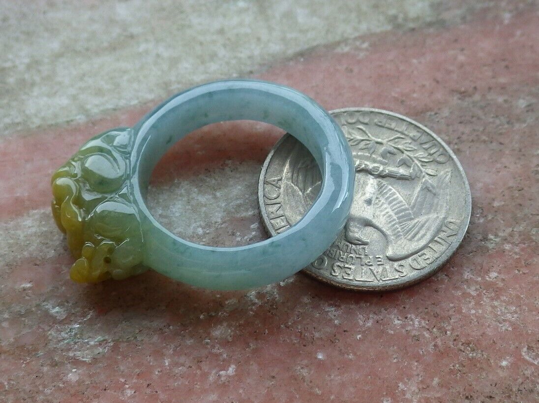 Certified Icy Yellow Green 100% Natural A JADE Jadeite Dragon Pi Xiu RING USA. 9.25 戒指 523559 TN