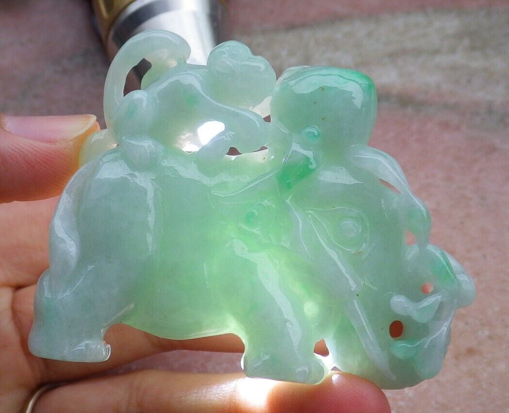 Certified Green 100% Natural A Jade jadeite Display Elephant Money Peach 大象 520344  TN** Include woodstand **