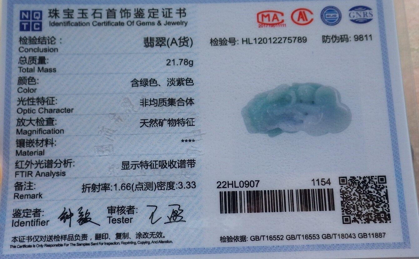 Pair Certified Green Pale Lavender Burma 100% Natural A Jade jadeite Pendant Dragon Pi Xiu Money Coin Ruyi Necklace 风水貔貅 573992 TN