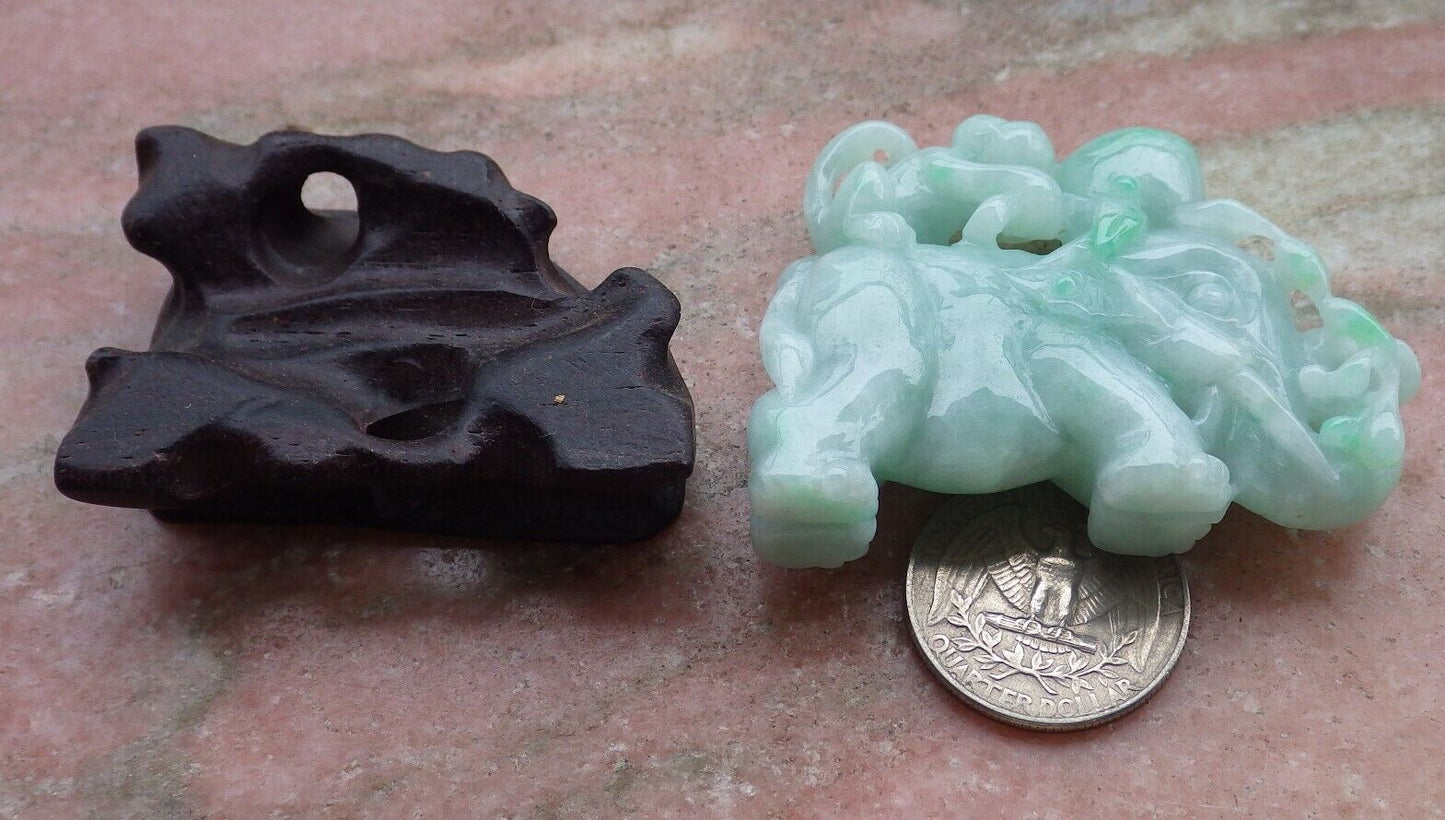 Certified Green 100% Natural A Jade jadeite Display Elephant Money Peach 大象 520344  TN** Include woodstand **