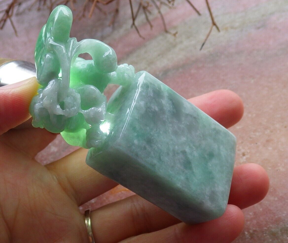 Certified Green 100% Natural A Jade jadeite Display Dragon Pi Xiu Lotus Flower Ruyi Chop Seal 印章 528326  TN