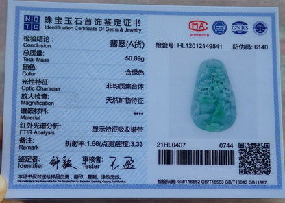 Certified Green 100% Natural A Jade jadeite Landscape painting Tree Necklace Necklace 山水画 519550  TN
