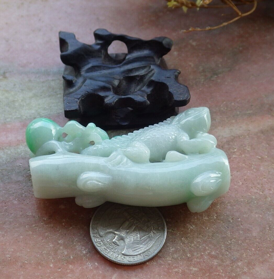 Certified Green 100% Natural A Jade jadeite Display Dragon Lizard Tree Leaf Peach 龙蜥蜴 525198  TN