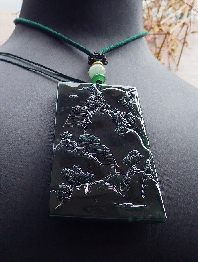 Atestita Glacia Blua Akvo Birmo 100% Natura A Jadejadeito Pendilo Pejzaĝa Pentrado Arba Koliero 山水画 634462 TN