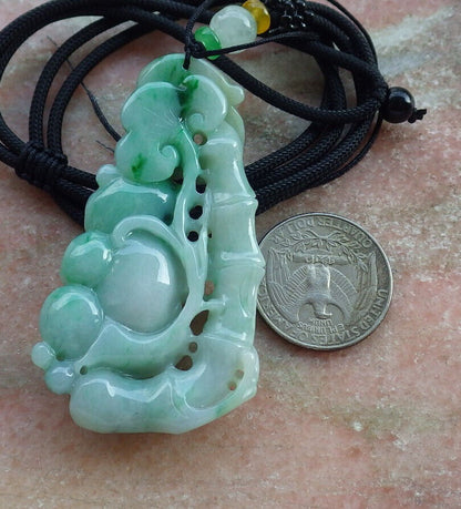 Certified Green Burma 100% Natural A Jade jadeite Pendant Panda Bamboo Ruyi Necklace 熊猫 633295  TN