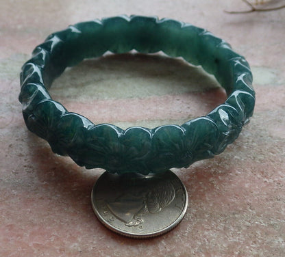 Certified Icy Blue Water Green Burma 100% Natural A JADE Jadeite Flower Bangle Bracelet 55 mm 635396  AS