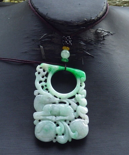 Certified Green Burma 100% Natural A Jade jadeite Pendant Deer Bat Peach Peach Necklace 梅花鹿 574040 TN