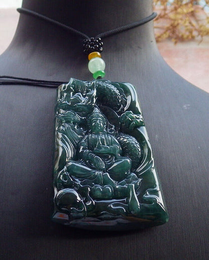 Certified Icy Green Burma 100% Natural A Jade jadeite Pendant Guanyin Kwan Yin Dragon Necklace 观音633224  TN