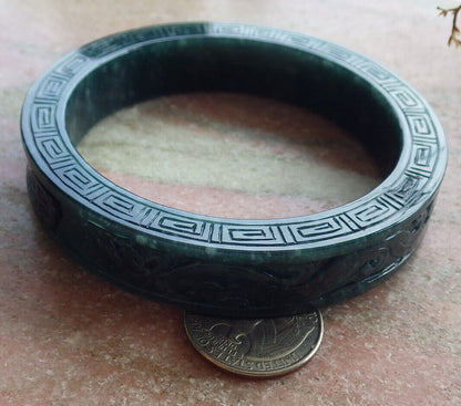 Certified Icy Green Burma 100% Natural A JADE Jadeite Dragon Phoenix Longevity Bangle Bracelet 67 mm 手镯 634443  TN