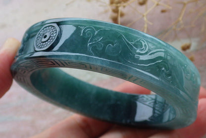 Certified Icy Green Burma 100% Natural A JADE Jadeite Dragon Phoenix Bangle Bracelet 58 mm 手镯 636336  TN
