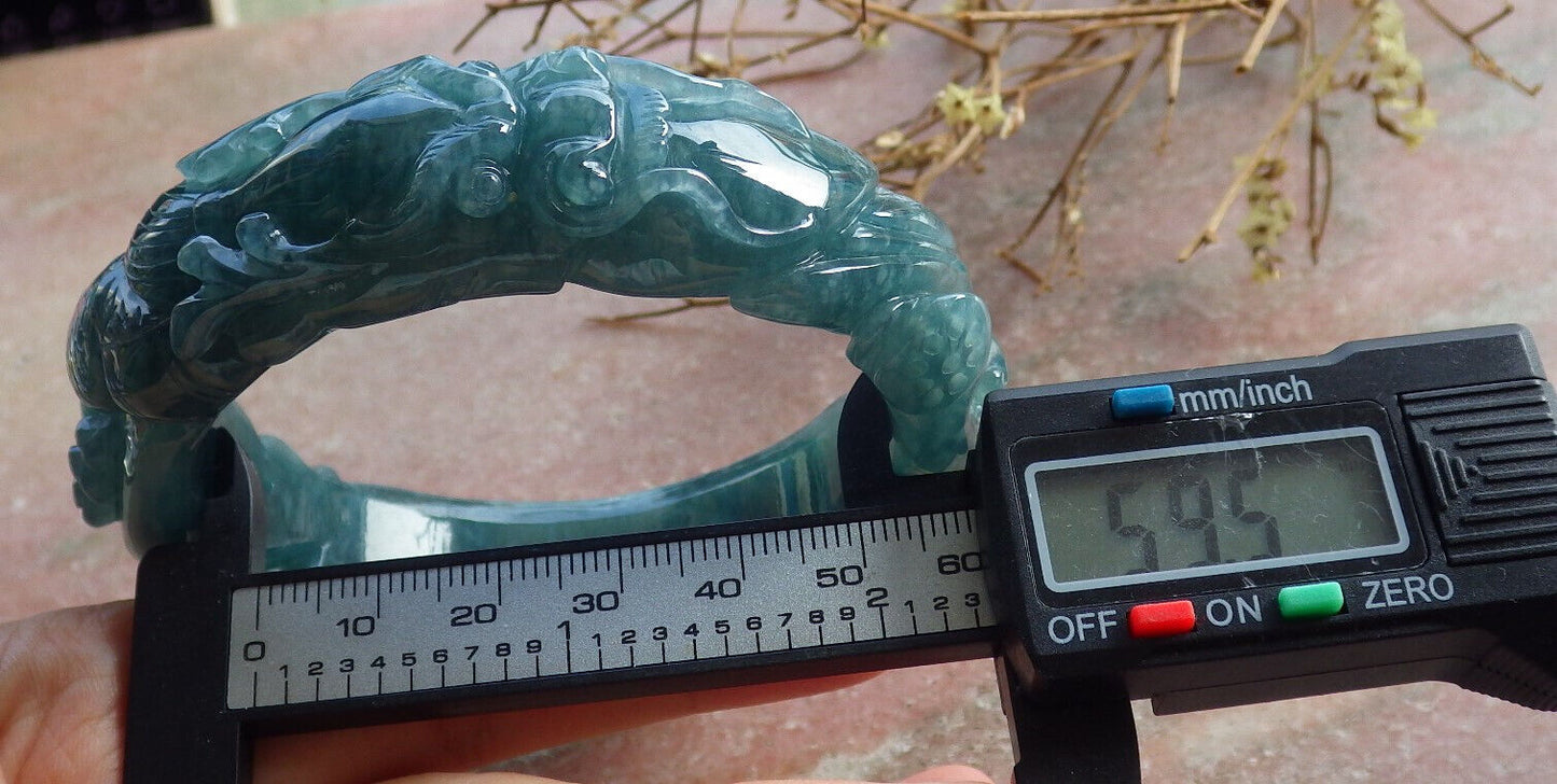 Certified Icy Blue Water Green Burma 100% Natural A JADE Jadeite Dragon Bangle Bracelet 60 mm 手镯 635086  AS