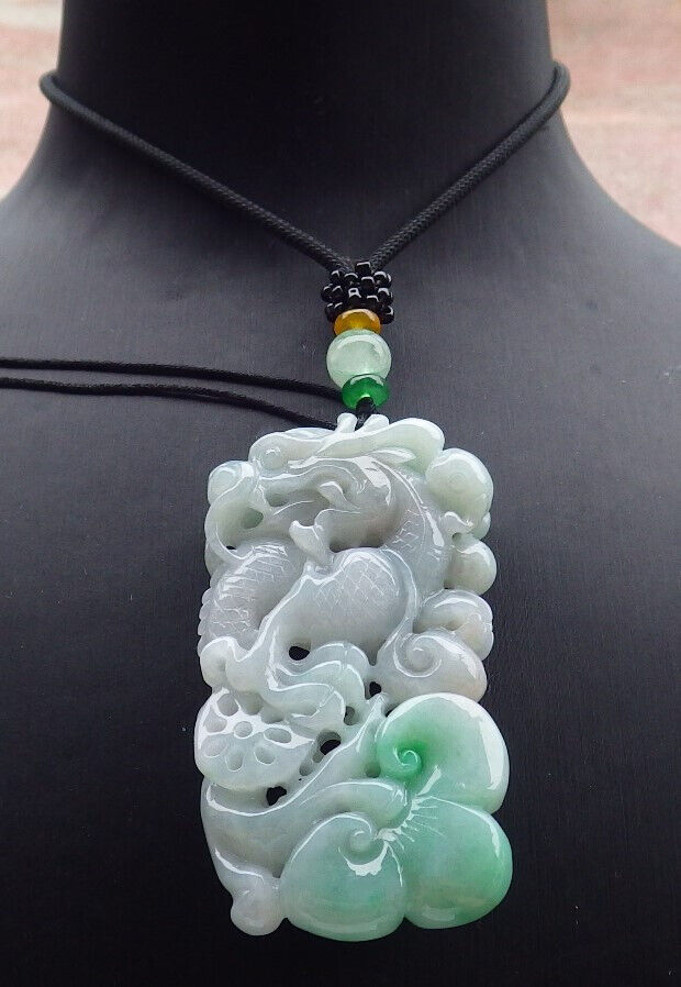 Certified Green Burma 100% Natural A Jade jadeite Pendant Dragon Ruyi Necklace 生意兴隆 636707  TN
