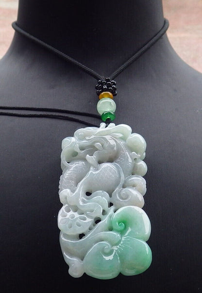 Certified Green Burma 100% Natural A Jade jadeite Pendant Dragon Ruyi Necklace 生意兴隆 636707  TN
