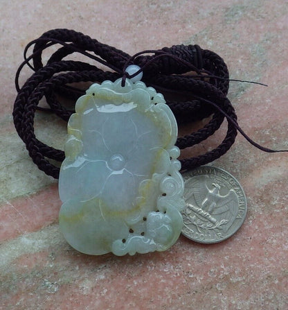 Certified Green Yellow Burma 100% Natural A Jade jadeite Pendant Bat Lotus Leaf Necklace 蝙蝠 575048 TN