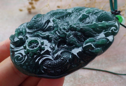 Certified Icy Green Burma 100% Natural A Jade jadeite Pendant Dragon Bead Necklace 生意兴隆 636353  TN
