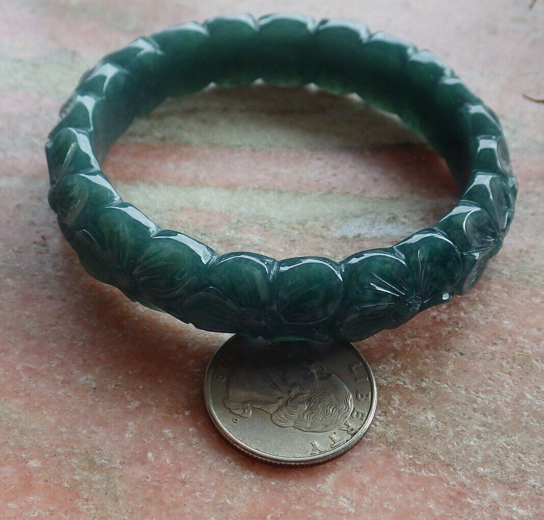 Certified Icy Green Burma 100% Natural A JADE Jadeite Flower Bangle Bracelet 60 mm 635415  AS