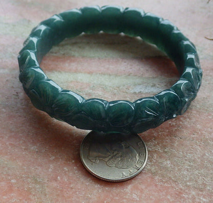 Certified Icy Green Burma 100% Natural A JADE Jadeite Flower Bangle Bracelet 60 mm 635415  AS