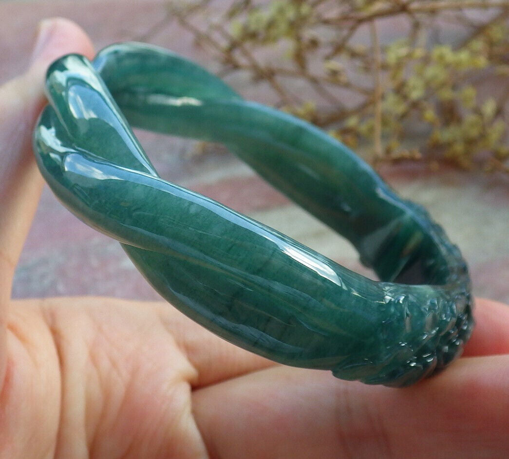 Certified Icy Blue Water Green Burma 100% Natural A JADE Jadeite Flower Knotted Bangle Bracelet 56.5 mm 手镯 632789  TN