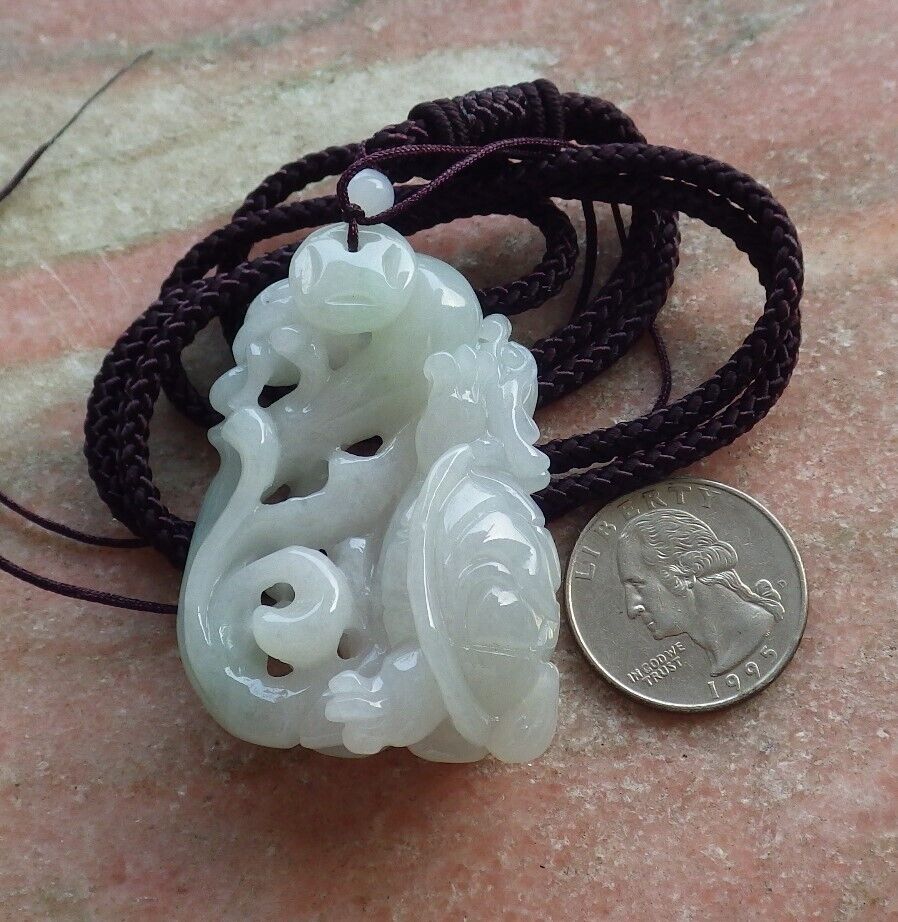 Certified Icy Green Pale Lavender Burma 100% Natural A Jade jadeite Pendant Dragon Turtle Ruyi Coin Necklace 龙龟 574488 TN