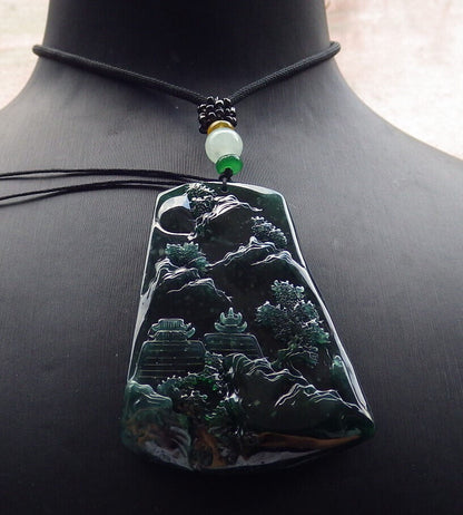 Certified Icy Blue Water Burma 100% Natural A Jade jadeite Pendant Landscape painting Tree Necklace 山水画 633943  TN