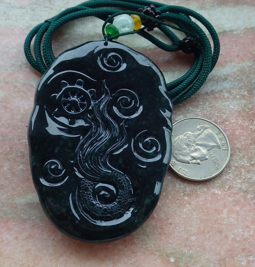 Certified Icy Blue Water Green Burma 100% Natural A Jade jadeite Pendant Dragon Bead Necklace 生意兴隆 636318  TN