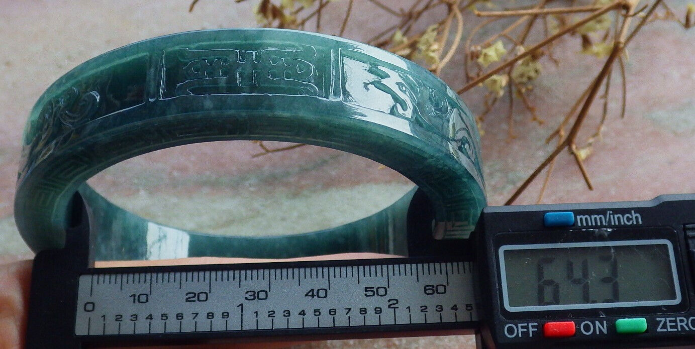 Certified Icy Green Burma 100% Natural A JADE Jadeite Dragon Phoenix Bangle Bracelet 64 mm 手镯 633660  TN