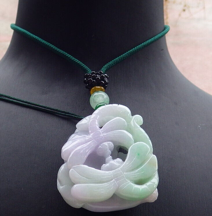 Certified Green Lavender Burma 100% Natural A  Jade jadeite Pendant Dragonfly Necklace 蜻蜓 636732  TN