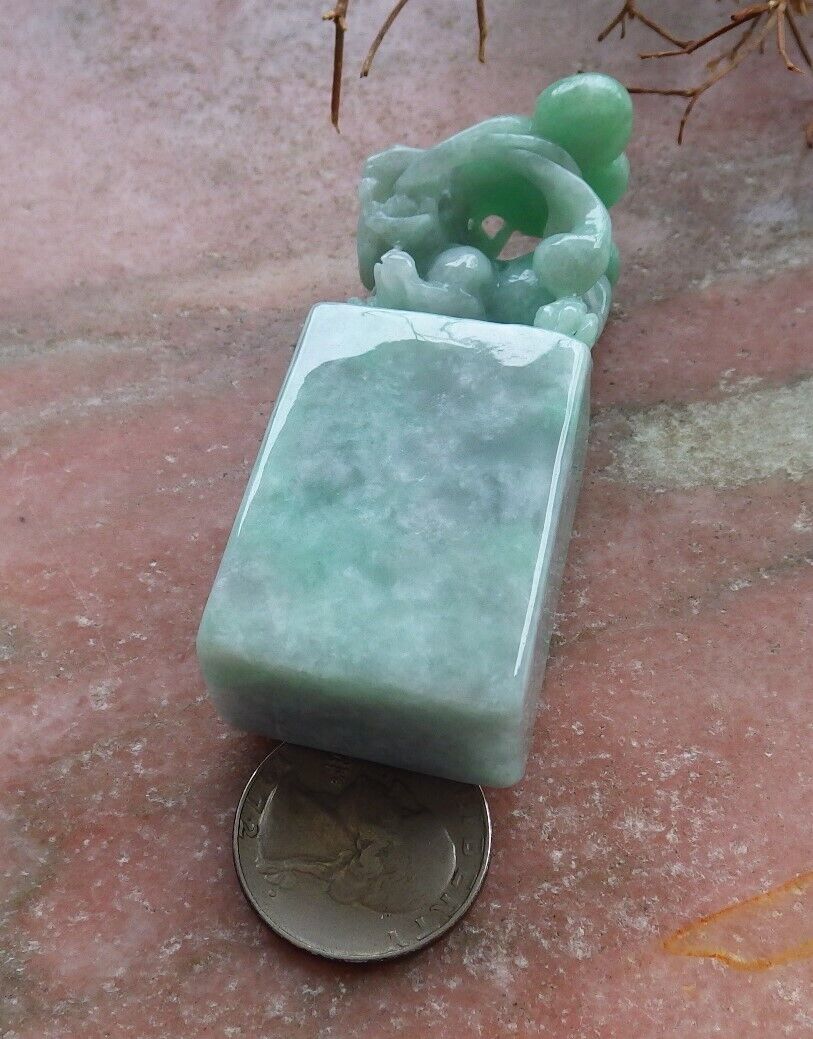 Certified Green 100% Natural A Jade jadeite Display Dragon Pi Xiu Lotus Flower Ruyi Chop Seal 印章 528326  TN