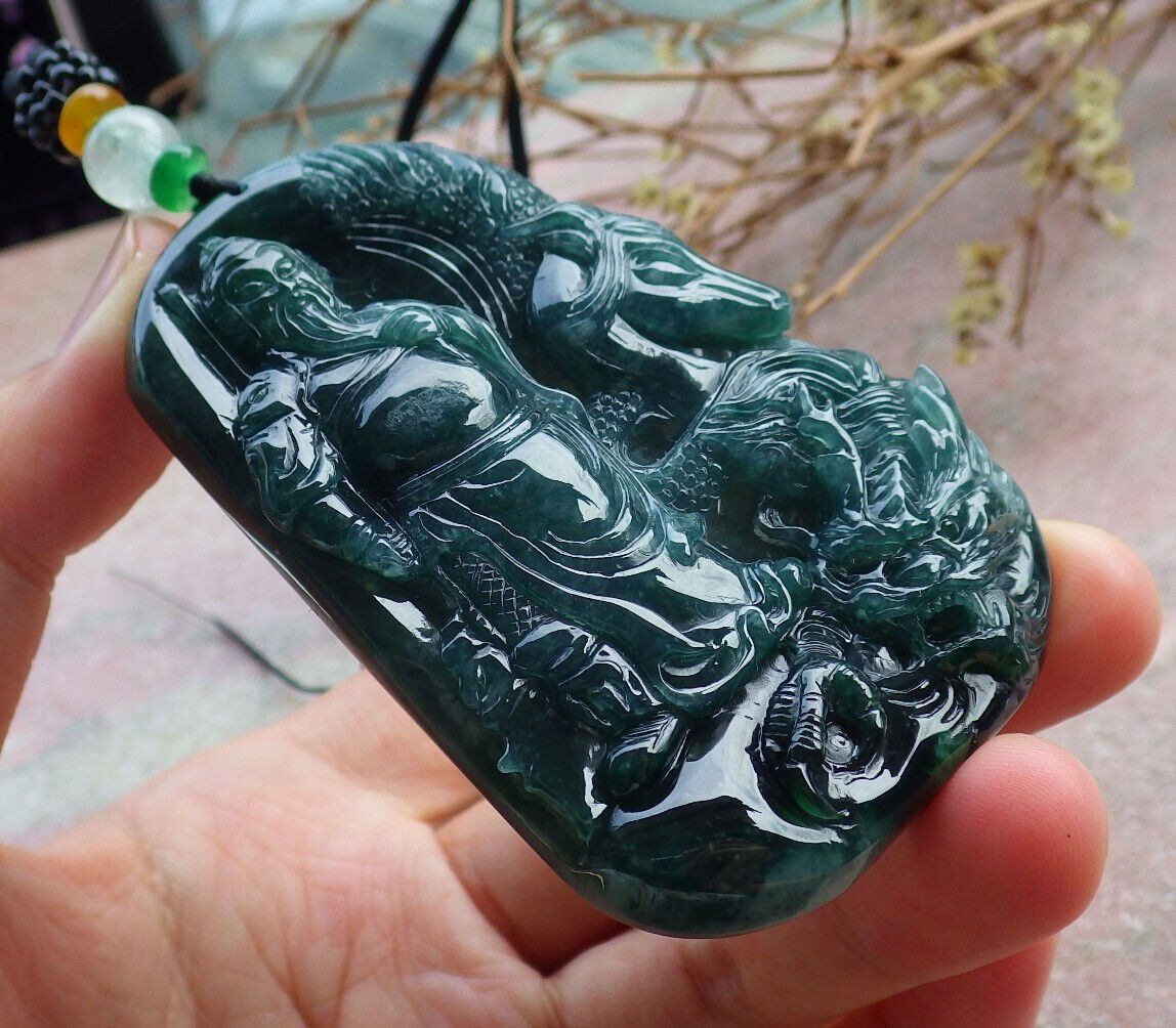 Certified Icy Green Burma 100% Natural A Jade jadeite pendant Guan Gong God Dragon Horse Sword Necklace 关公 635214  TN
