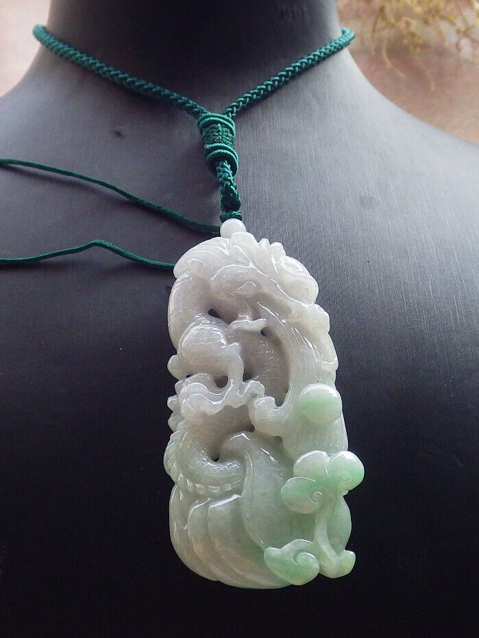 Certified Green Pale Lavender Burma 100% Natural A Jade jadeite Pendant Dragon Ruyi Coin Necklace 生意兴隆 646733 TN