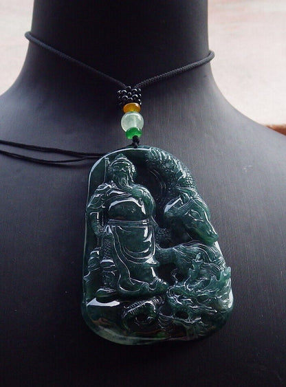 Certified Icy Green Burma 100% Natural A Jade jadeite pendant Guan Gong God Dragon Horse Sword Necklace 关公 635214  TN