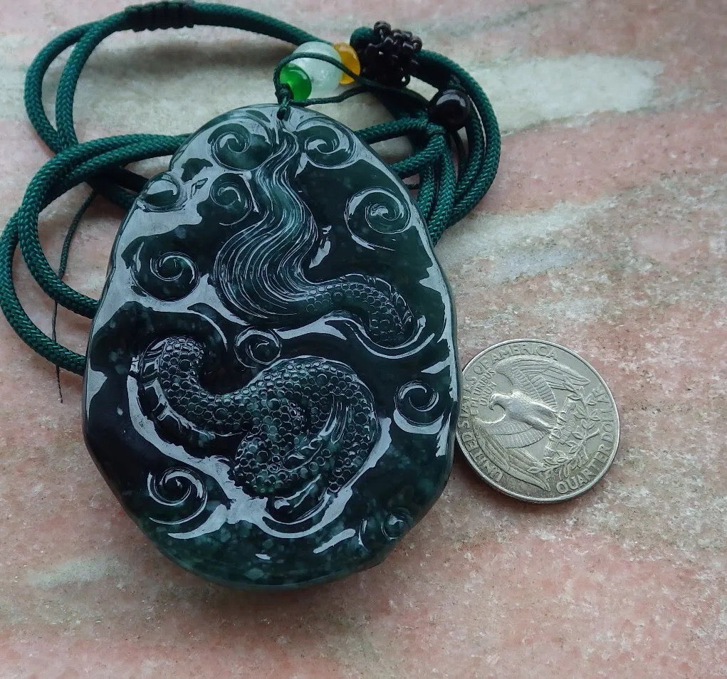Certified Icy Green Burma 100% Natural A Jade jadeite Pendant Dragon Bead Necklace 生意兴隆 636353  TN