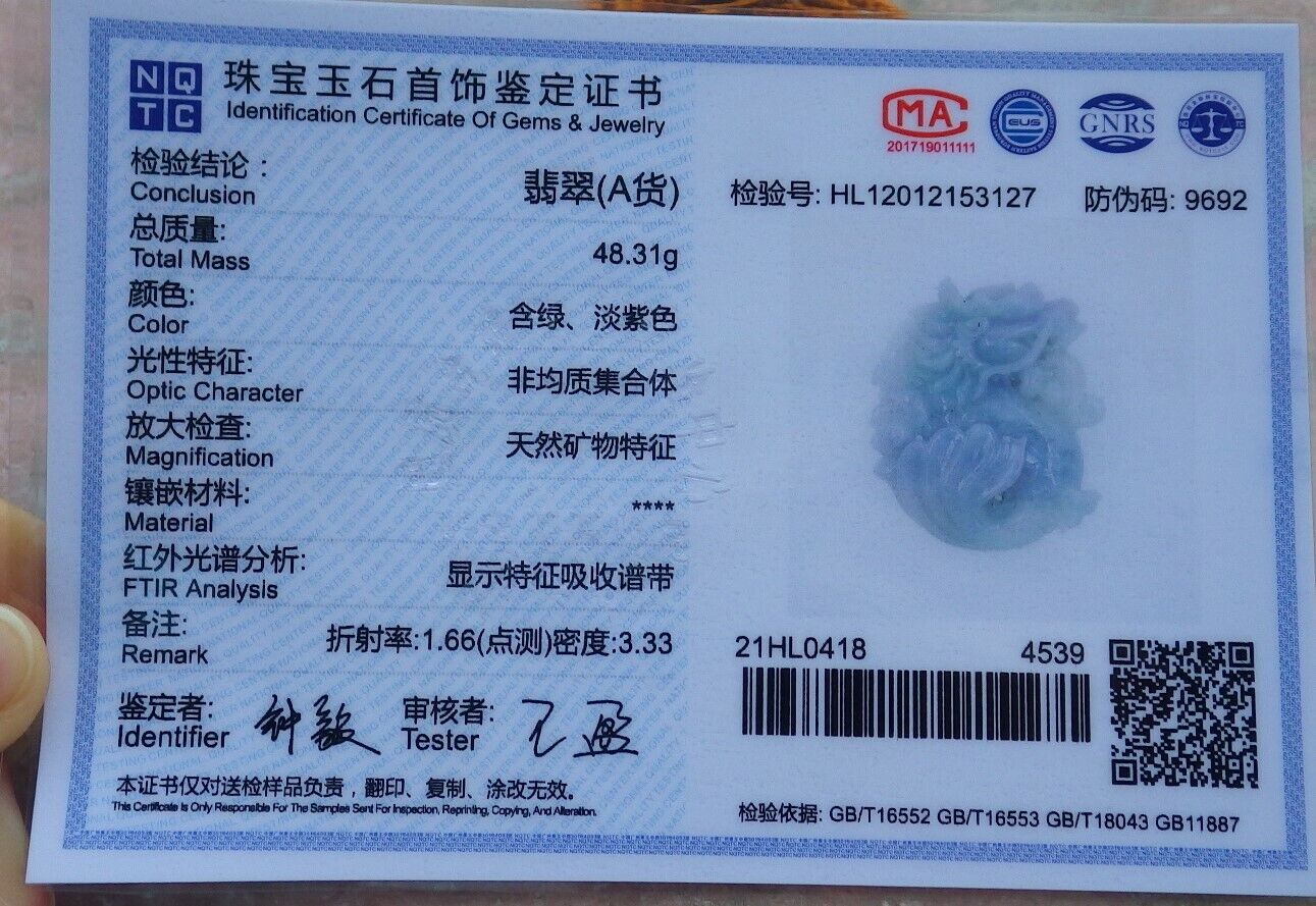 Certified Green Pale Lavender 100% Natural A Jade jadeite Pendant Dragon Fish Bead Money Coin Necklace 龙鱼 520364  TN