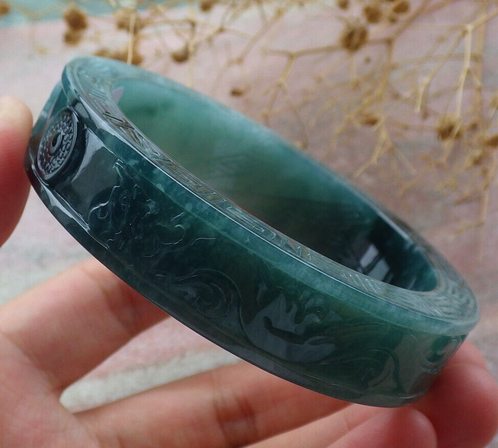 Certified Icy Green Burma 100% Natural A JADE Jadeite Dragon Phoenix Bangle Bracelet 58 mm 手镯 636336  TN