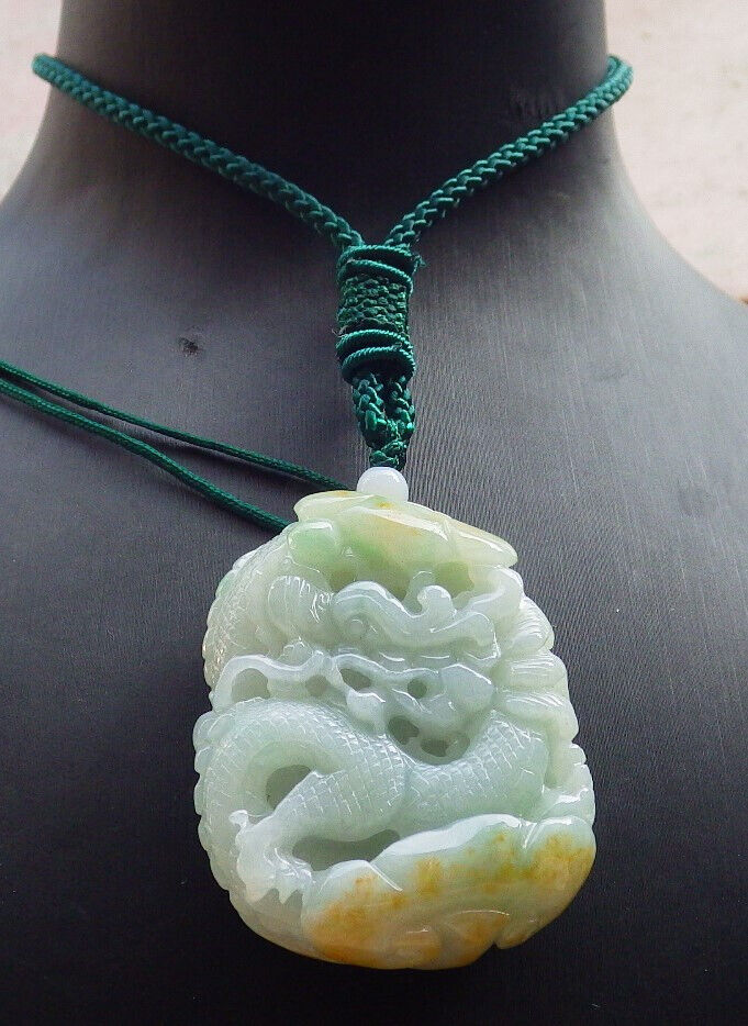 Certified Yellow Green Burma 100% Natural A Jade jadeite Pendant Dragon Ruyi Bead Necklace 生意兴隆 646776 TN