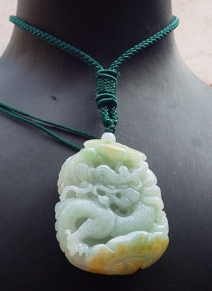 Certified Yellow Green Burma 100% Natural A Jade jadeite Pendant Dragon Ruyi Bead Necklace 生意兴隆 646776 TN