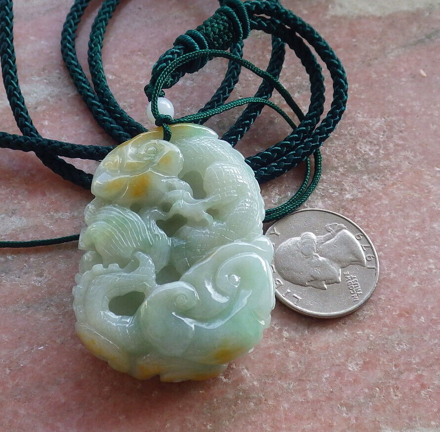 Certified Yellow Green Burma 100% Natural A Jade jadeite Pendant Dragon Ruyi Bead Necklace 生意兴隆 646776 TN