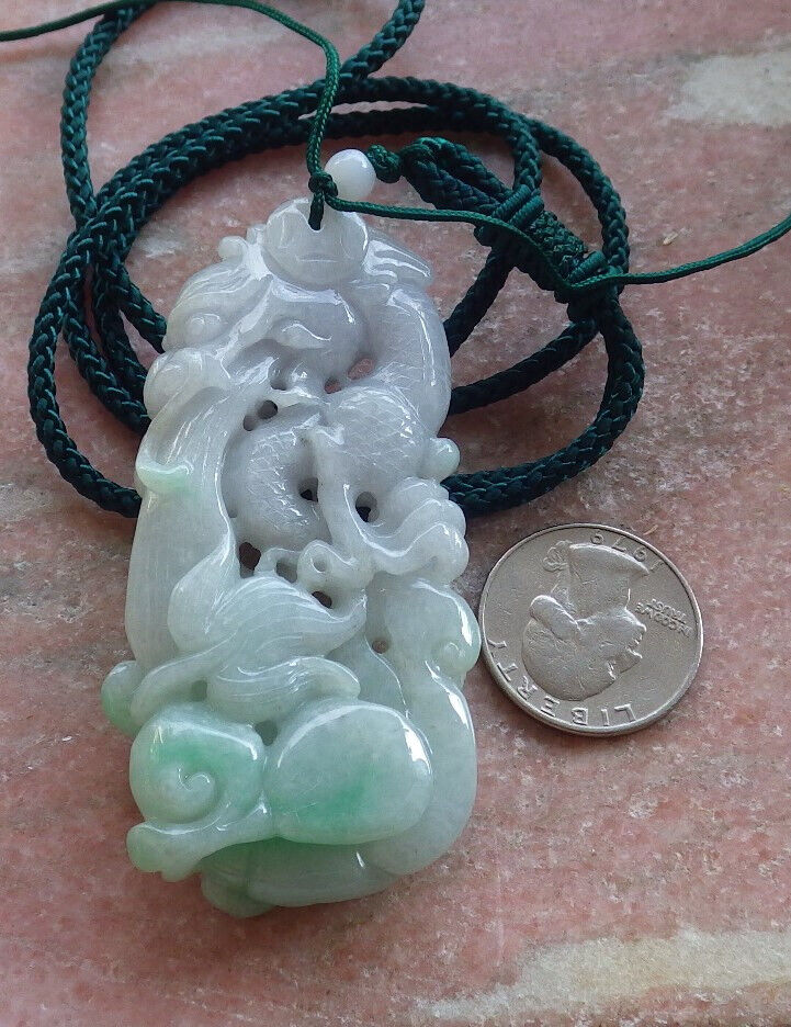 Certified Green Pale Lavender Burma 100% Natural A Jade jadeite Pendant Dragon Ruyi Coin Necklace 生意兴隆 646733 TN