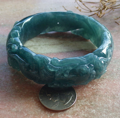 Certified Icy Blue Water Green Burma 100% Natural A JADE Jadeite Dragon Bangle Bracelet 60 mm 手镯 635086  AS