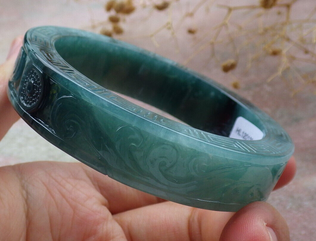 Certified Icy Green Burma 100% Natural A JADE Jadeite Dragon Phoenix Bangle Bracelet 58 mm 手镯 636336  TN