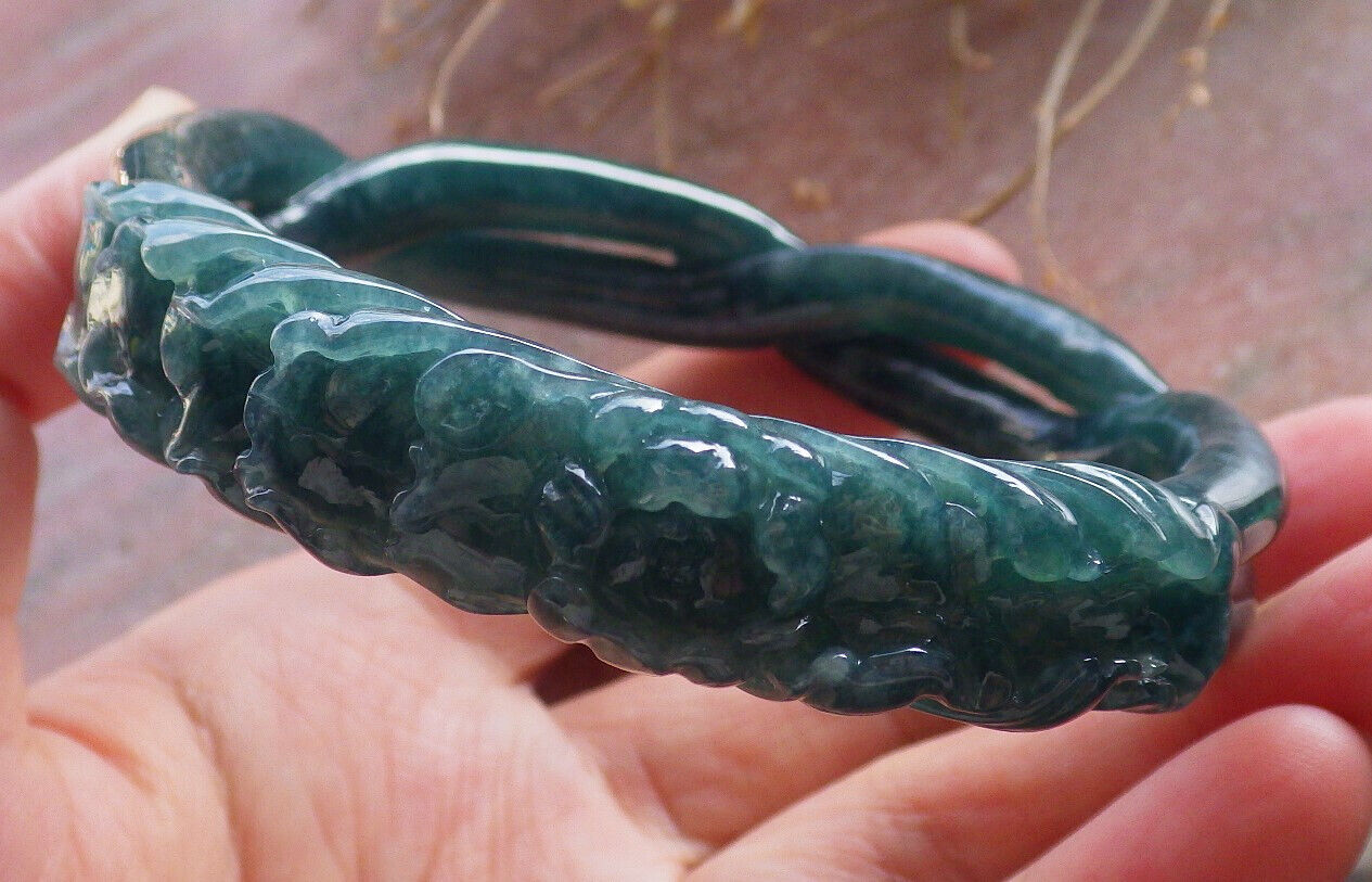 Certified Icy Green Burma 100% Natural A JADE Jadeite Flower Knotted Bangle Bracelet 64 mm 手镯 646718 TN