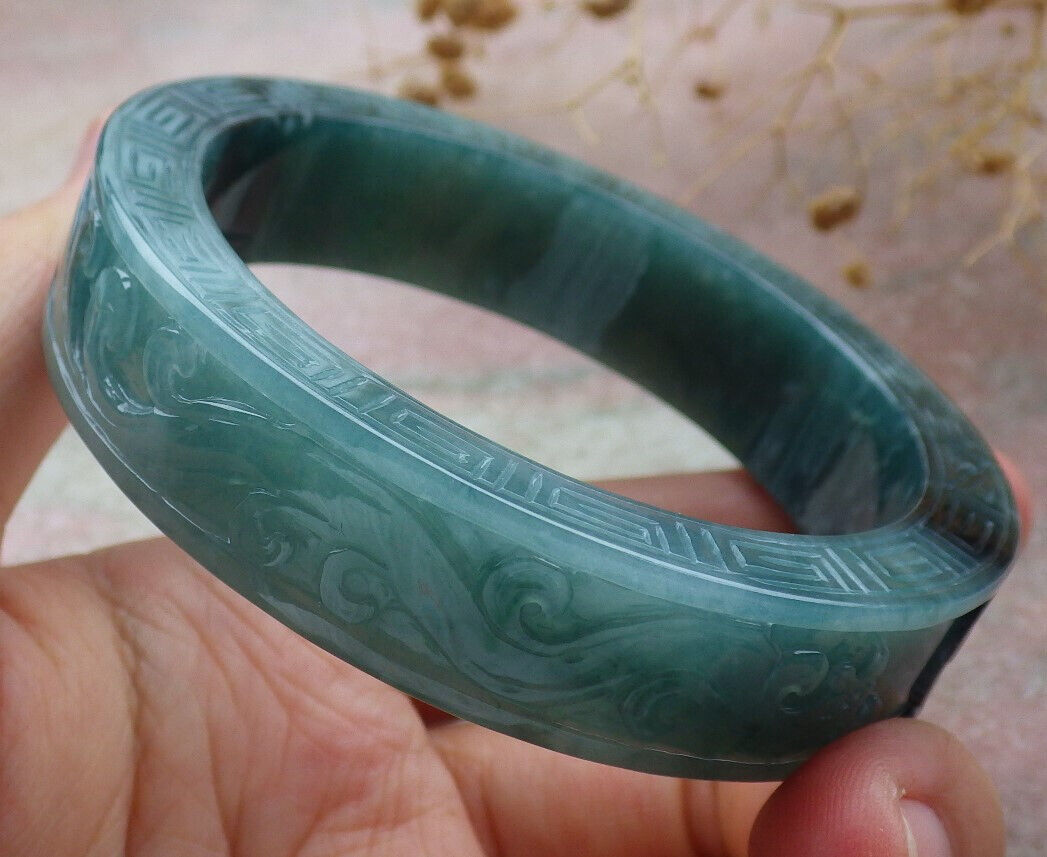 Certified Icy Green Burma 100% Natural A JADE Jadeite Dragon Phoenix Bangle Bracelet 58 mm 手镯 636336  TN