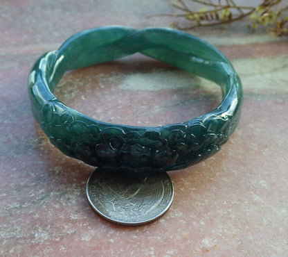 Certified Icy Blue Water Green Burma 100% Natural A JADE Jadeite Flower Knotted Bangle Bracelet 56.5 mm 手镯 632789  TN