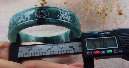 Certified Icy Green Burma 100% Natural A JADE Jadeite Dragon Phoenix Bangle Bracelet 58 mm 手镯 636336  TN