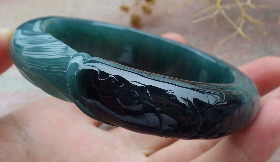 Certified Icy Green Burma 100% Natural A JADE Jadeite Fish Bangle Bracelet 60 mm 手镯 636582  TN